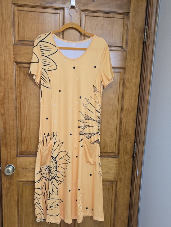 None Dresses & Skirts - Yellow A-line Midi Dress Featuing A Sunflower Pattern And Large Pockets